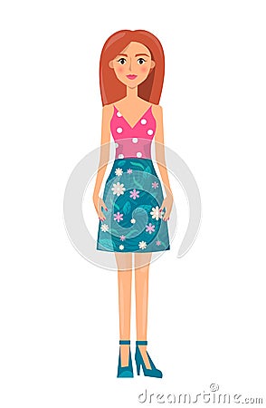 Cheerful Woman in Vogue Clothes, Colorful Poster Vector Illustration