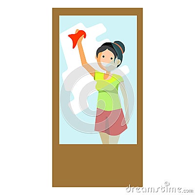 Cheerful woman wiping window Vector Illustration
