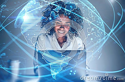 Smiling African woman with laptop, network Stock Photo