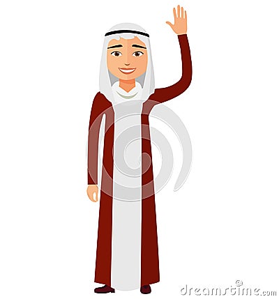 Cheerful young arab business man waving her hand vector flat car Vector Illustration