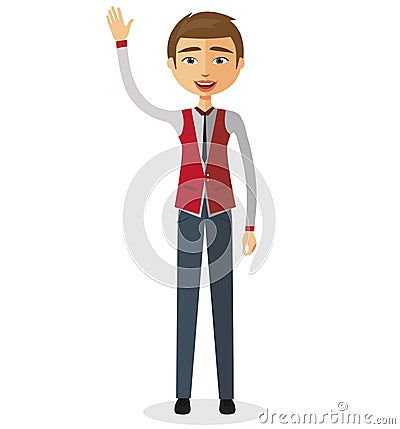 Cheerful young businessman waving her hand flat cartoon illustration. Cartoon Illustration