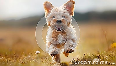 Cheerful young dog running on lush green grass, a playful pet delighting in outdoor playtime Stock Photo