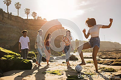 Cheerful young european, black, arab people student playing soccer ball, enjoy sport, active lifestyle Stock Photo