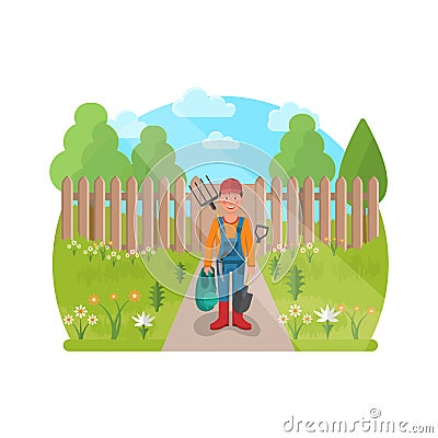 The cheerful young gardener Vector Illustration