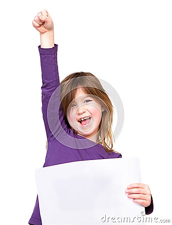 Cheerful young girl holding blank sign with one arm raised Stock Photo