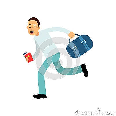 Cheerful young man running fast to airport with travel bag, passport and plane ticket in hands. Vacation and tourism Vector Illustration