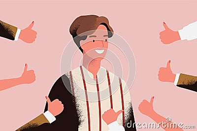 Cheerful young man surrounded by hands demonstrating thumbs up gesture. Concept of public approval, positive opinion Vector Illustration