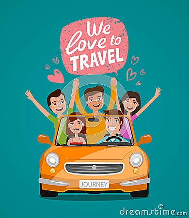 Cheerful young people or happy friends traveling by car. Journey, travel, vacation concept. Cartoon vector illustration Vector Illustration