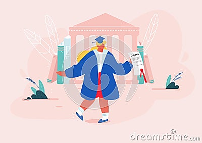 Cheerful Young Woman Wear Mantle and Academical Cap Hold Diploma Certificate Celebrating Graduation Vector Illustration