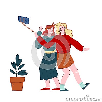 Cheerful Young Women Making Selfie Photo on Mobile Phone Posing and Gesturing on Camera. Girlfriends Happy Meeting Vector Illustration