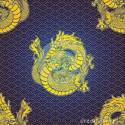 Cheerfull Gold Water dragon pattern Cartoon Illustration