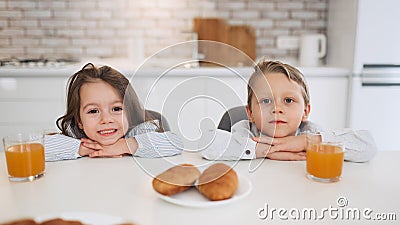 Cheerfulness. Pretty inspired little dark-haired girl and her brother smiling while they having breakfast Stock Photo