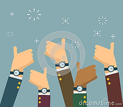 Cheering business people holding many thumbs up in flat style. vector illustration. Vector Illustration