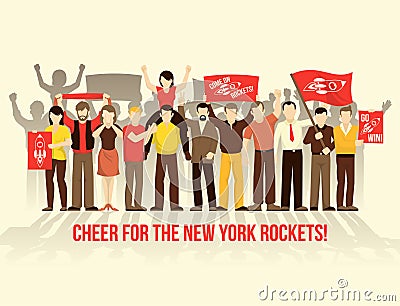 Cheering Crowd People Retro Style Composition Vector Illustration