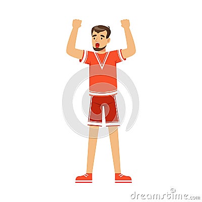 Cheering football fan character in red celebrating the victory of his team vector Illustration Vector Illustration