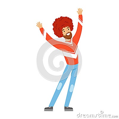 Cheering football fan character in red wig celebrating the victory of his team vector Illustration Vector Illustration