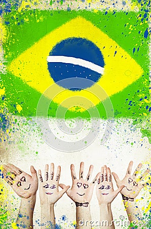 Cheering hands, and flag of Brazil Stock Photo