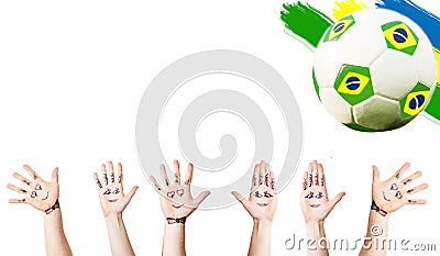 Cheering hands, soccer ball and the Brazil flag Stock Photo