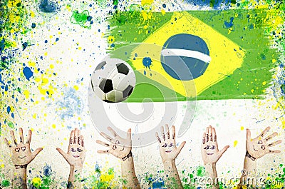 Cheering hands, soccer ball and colors of Brazil Stock Photo