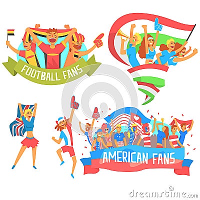 Cheering Happy Crowds Of National Sport Team Fans And Devotees With Banners And Attributes Supporting Vector Illustration