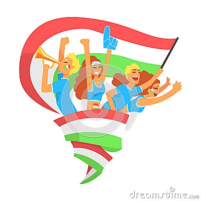 Cheering Happy Supporting Crowd Of National Italian Football Spots Team Fans And Devotees With Banners And Attributes Vector Illustration