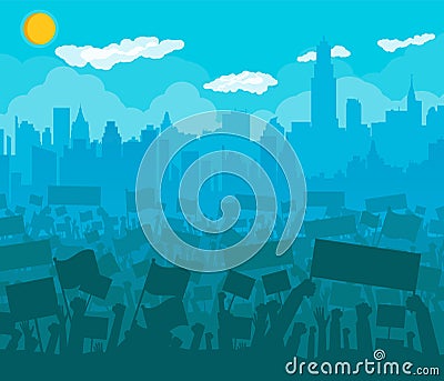 Cheering or protesting crowd with flags Vector Illustration