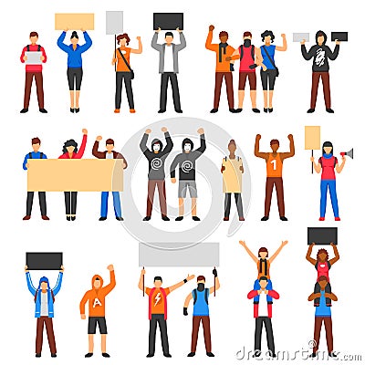 Cheering Protesting Crowd Set Vector Illustration