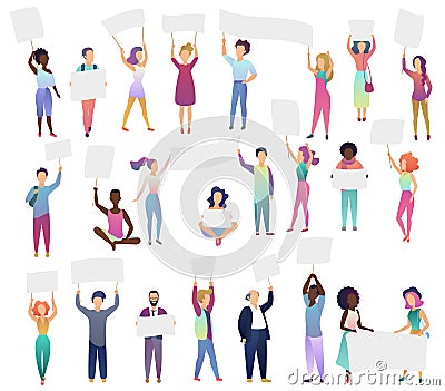 Cheering protesting people crowd holding banners set isolated. Vector Illustration