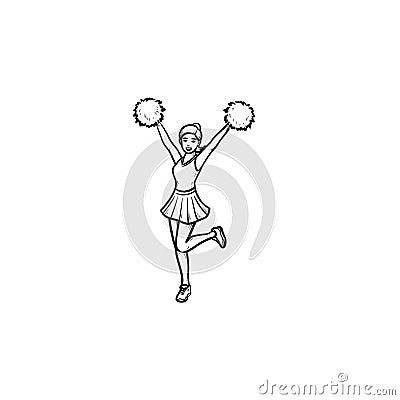 Cheerleader girl with pompoms hand drawn outline doodle icon. Vector Illustration