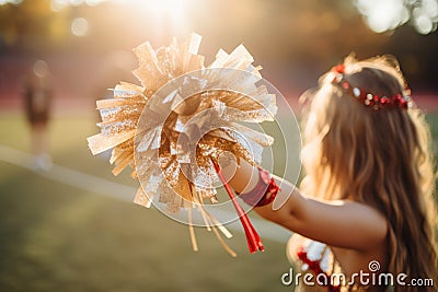 Cheerleader girl with a pompon on the football field Stock Photo