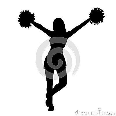 Cheerleader girl silhouette. Contour girl with hands up waving pompoms. Isolated on white background. Vector Vector Illustration