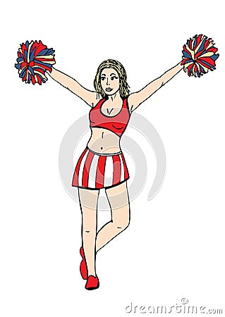 Cheerleader girl, vector hand drawing. Painted girl with hands up waving pompoms. Isolated on white background. Vector Vector Illustration