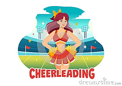 Cheerleader Girl Vector Illustration with Cheerleading Pom Poms of Dancing and Jumping to Support Team Sport During Competition Vector Illustration