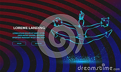 Cheerleader jumps and doing splits with pom poms. Vector Sport Background for Landing Page Template. Vector Illustration