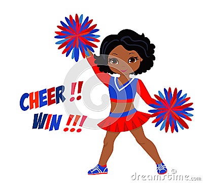 Cheerleader in red blue uniform with Pom Poms Vector Illustration