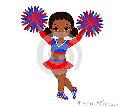 Cheerleader in red blue uniform with Pom Poms Vector Illustration