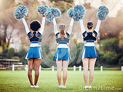 Cheerleader, teen girl team and cheers outdoor, athlete group and fitness, uniform and diversity with back. Exercise Stock Photo