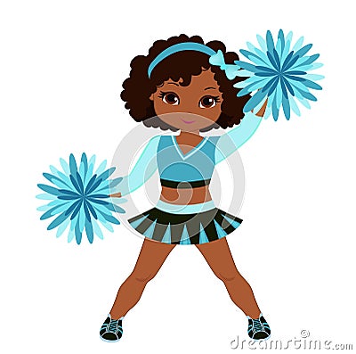 Cheerleader in turquoise uniform with Pom Poms. Vector Illustration