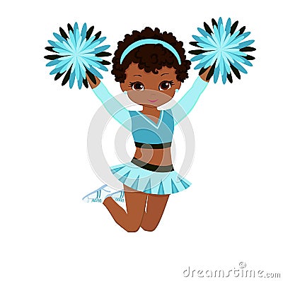 Cheerleader in turquoise uniform with Pom Poms. Vector Illustration