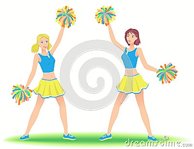 Cheerleaders with pom-poms. Girls support group dancing. Vector Illustration