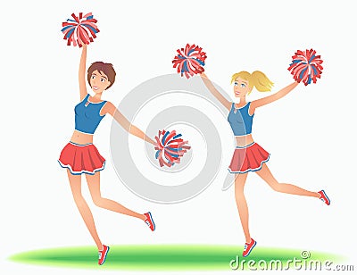 Cheerleaders with pom-poms. Girls support team dancing. Vector Illustration