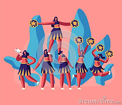 Cheerleaders Team in Uniform Making Pyramid on Football Stadium Event or Sports Competition. Student Girls Characters Performing Vector Illustration