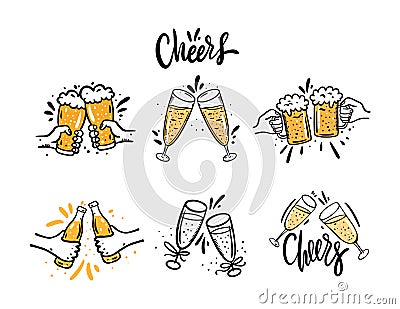 Cheers with beer glasses. Hand drawn vector illustration set. Cartoon style. Isolated on white background Cartoon Illustration