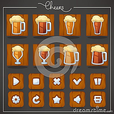 Cheers, draft beer glasses and mugs, objects and buttons for you Vector Illustration