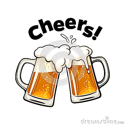 Cheers text. Two toasting beer mugs. Clinking glass tankards full of beer and splashed foam. Design elements for beer Vector Illustration