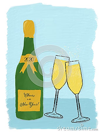 Cheers to the New Year 2020! Digitally painted hand done illustration of champagne bottle and glasses to celebrate New Year`s 2020 Stock Photo
