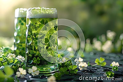 Cheers to St. Patrick: Green Brew & Clover Bliss. Concept Saint Patrick's Day, Green beer, Clover Stock Photo