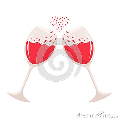 Cheers with two glasses of red wine. Heart-shaped splash of wine Vector Illustration