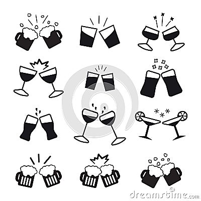 Cheers with various glasses icon set. Vector. Vector Illustration