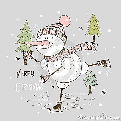 Cheery snowman ice skating. Christmas card. Vector Stock Photo